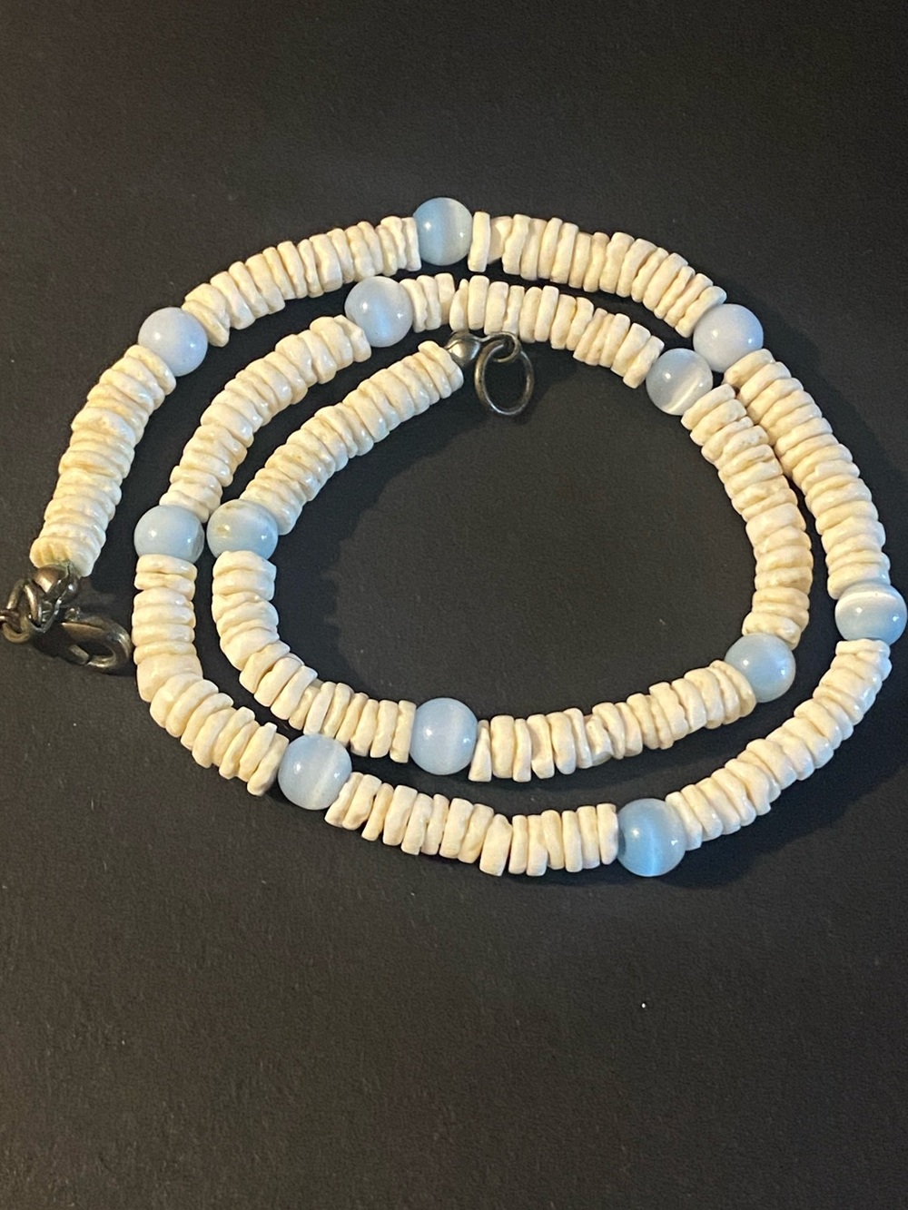 Vintage Puka Shell Necklace Chocker Accented With Pale Blue Glass Beads 15.5”